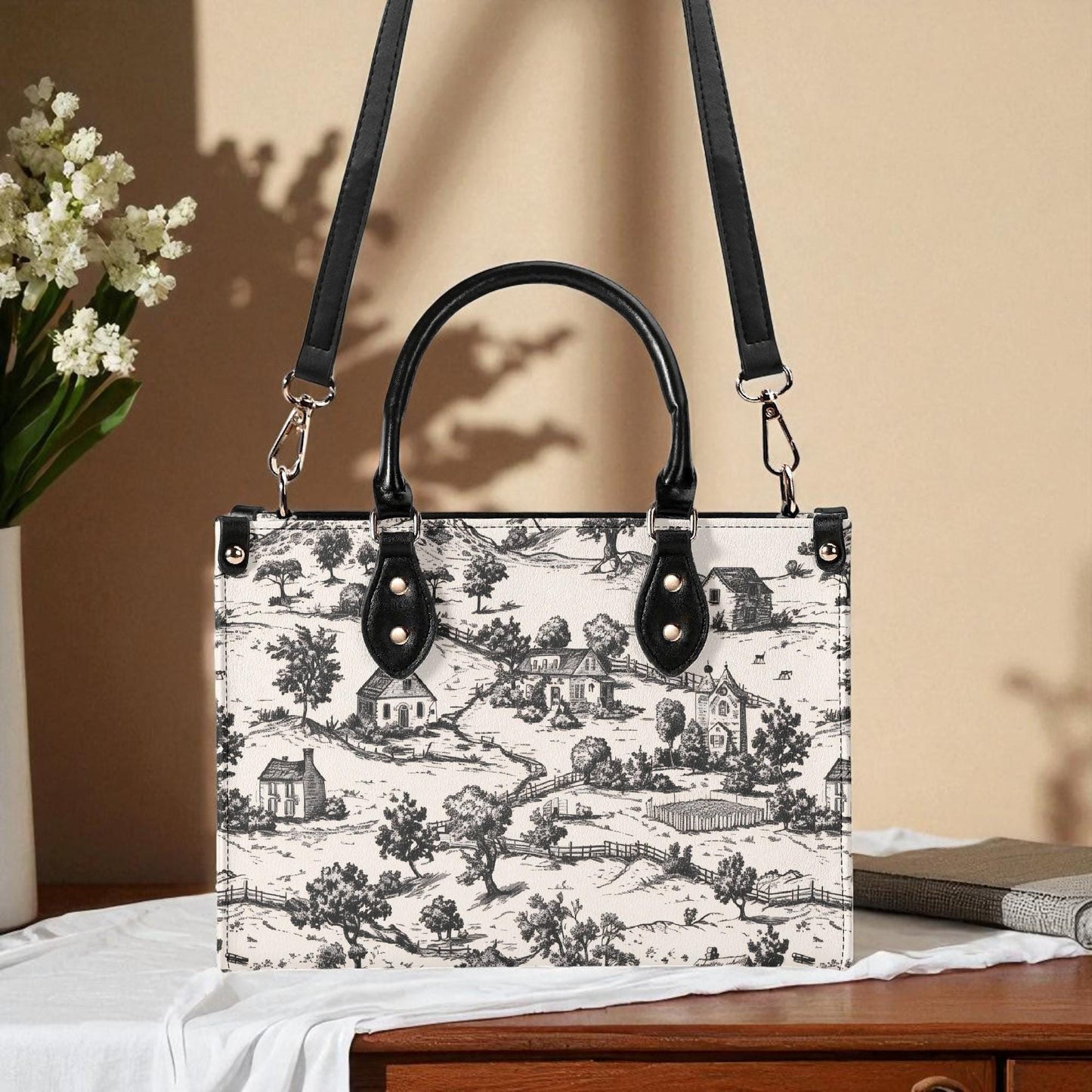 Noir Echo Toile | Tote Handbag | Top-Grain Leather Handbag | Vegan Leather | Shoulder Bag | Custom Tote Bag | Trend Gift | Top-Handle Purse