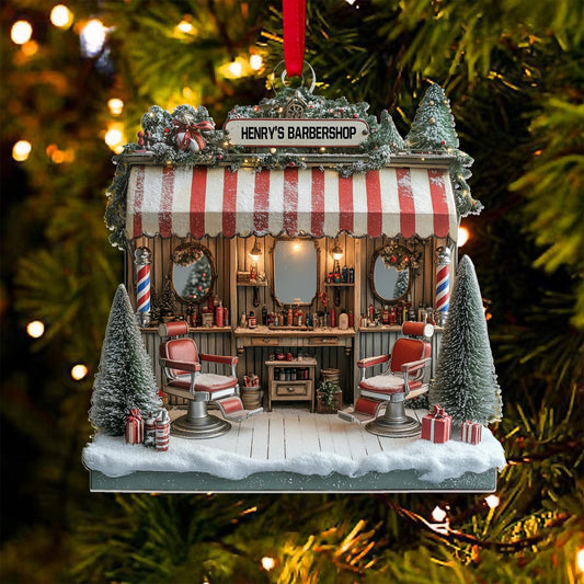 Personalized Barber Shop Xmas Ornament, Hair Salon 2D Ornament, Christmas Barber Keepsake, Barber Salon Decor, Gift For Barbershop Decor