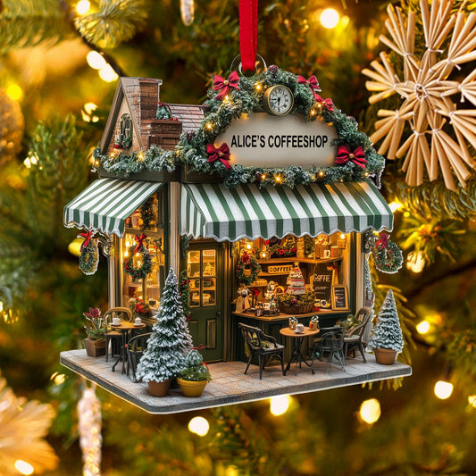 Personalized Coffee Shop 2D Flat Acrylic Ornament, Coffee Store Christmas Coffee Store Gift, Christmas Decor, Coffee Lover Ornament