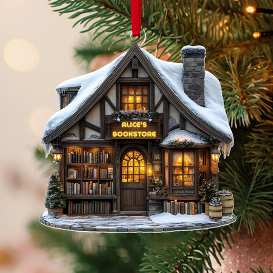 Personalized Bookstore Christmas Ornament, Custom Book Lover Holiday 2D Acrylic Decor, Book Shop Ornament, Unique Gift for Book Lovers