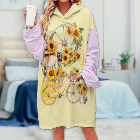 Oversized Sunflower Girl Hoodie Blanket: Yellow Lilac Wearable Blanket with Front Pocket, Cottagecore Floral Large Hoodie