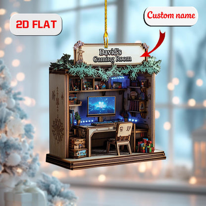 Custom Gaming Room Ornament 2D Flat, Personalized Gamer Christmas Ornament, Acrylic Ornament Gift for PC Gamers, Video Game Holiday Decor