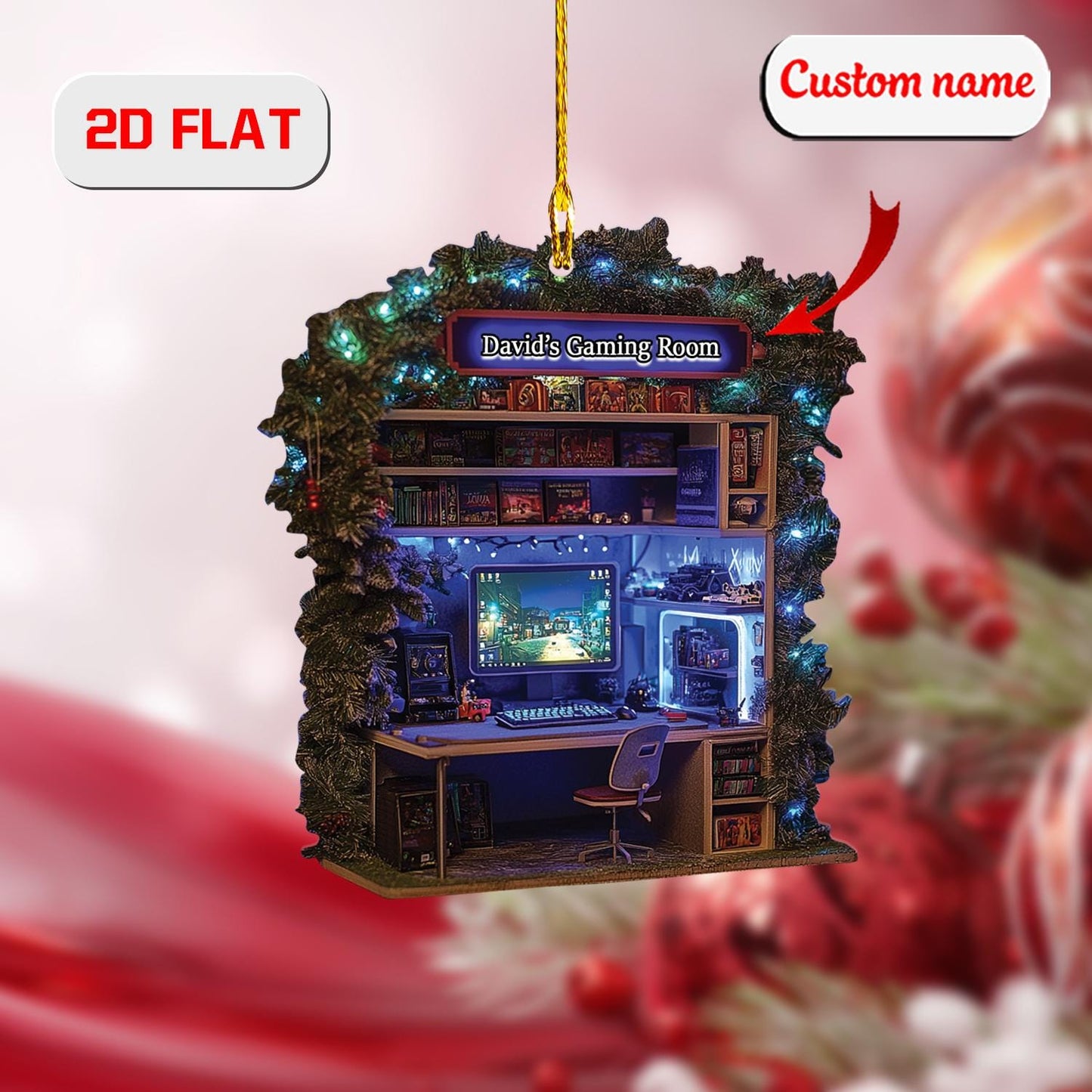 Custom Gamer Ornament 2D Flat, Personalized Gaming Setup Christmas Ornament, Acrylic Ornament Gift for PC Gamers, Video Game Holiday Decor