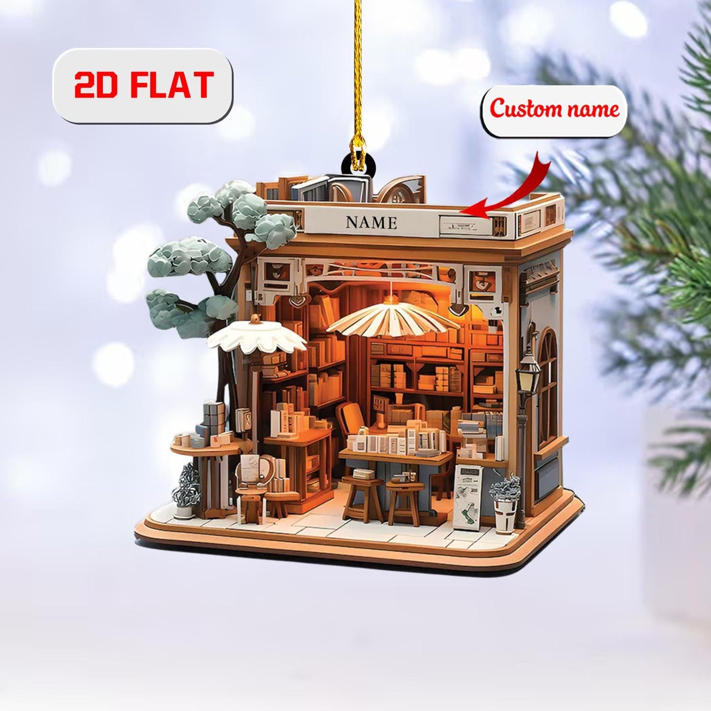 2D Custom Bookstore Ornament,Personalized Library Christmas Ornament with Name, Unique Gift for Book Lovers, Teachers, Writers Holiday Decor