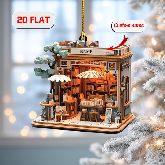 2D Custom Bookstore Ornament,Personalized Library Christmas Ornament with Name, Unique Gift for Book Lovers, Teachers, Writers Holiday Decor