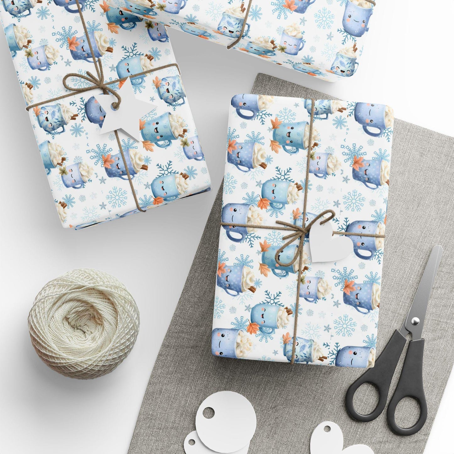Blue Cocoa and Snowflakes Wrapping Paper: Perfect for Babies and Children, Custom Christmas Wrapping Paper, Unique X-mas paper, Modern Gift