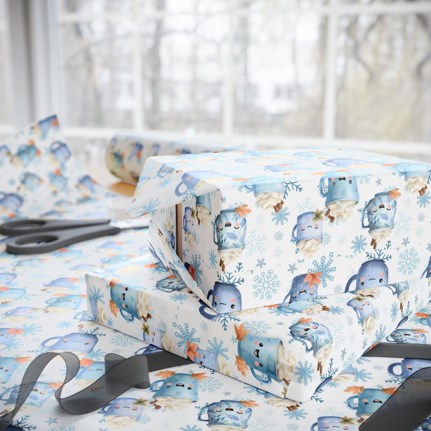 Blue Cocoa and Snowflakes Wrapping Paper: Perfect for Babies and Children, Custom Christmas Wrapping Paper, Unique X-mas paper, Modern Gift