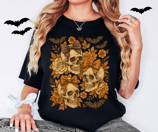 Coquette Bow Skull Shirt, Halloween Skeleton Shirt, Spooky Season Sweatshirt, Fall Season Skeleton Tee, Halloween Family Holiday Gift Hoodie