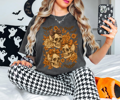 Coquette Bow Skull Shirt, Halloween Skeleton Shirt, Spooky Season Sweatshirt, Fall Season Skeleton Tee, Halloween Family Holiday Gift Hoodie