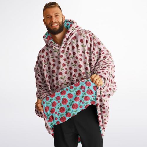 Rose Print Reversible Snug Hoodie Fluffy Sherpa Hoodie Flower Print Wearable Blanket Double Sided Blanket with Hood Christmas Gift