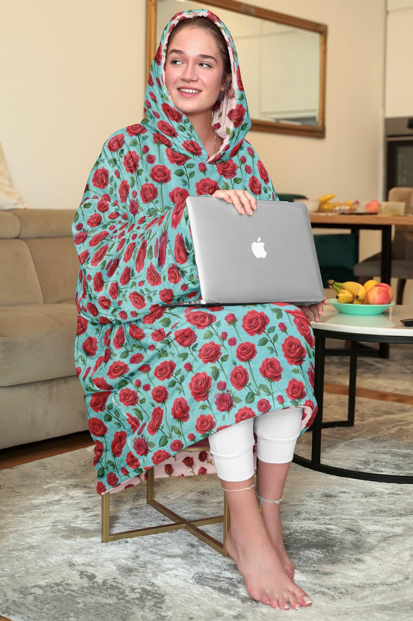 Rose Print Reversible Snug Hoodie Fluffy Sherpa Hoodie Flower Print Wearable Blanket Double Sided Blanket with Hood Christmas Gift