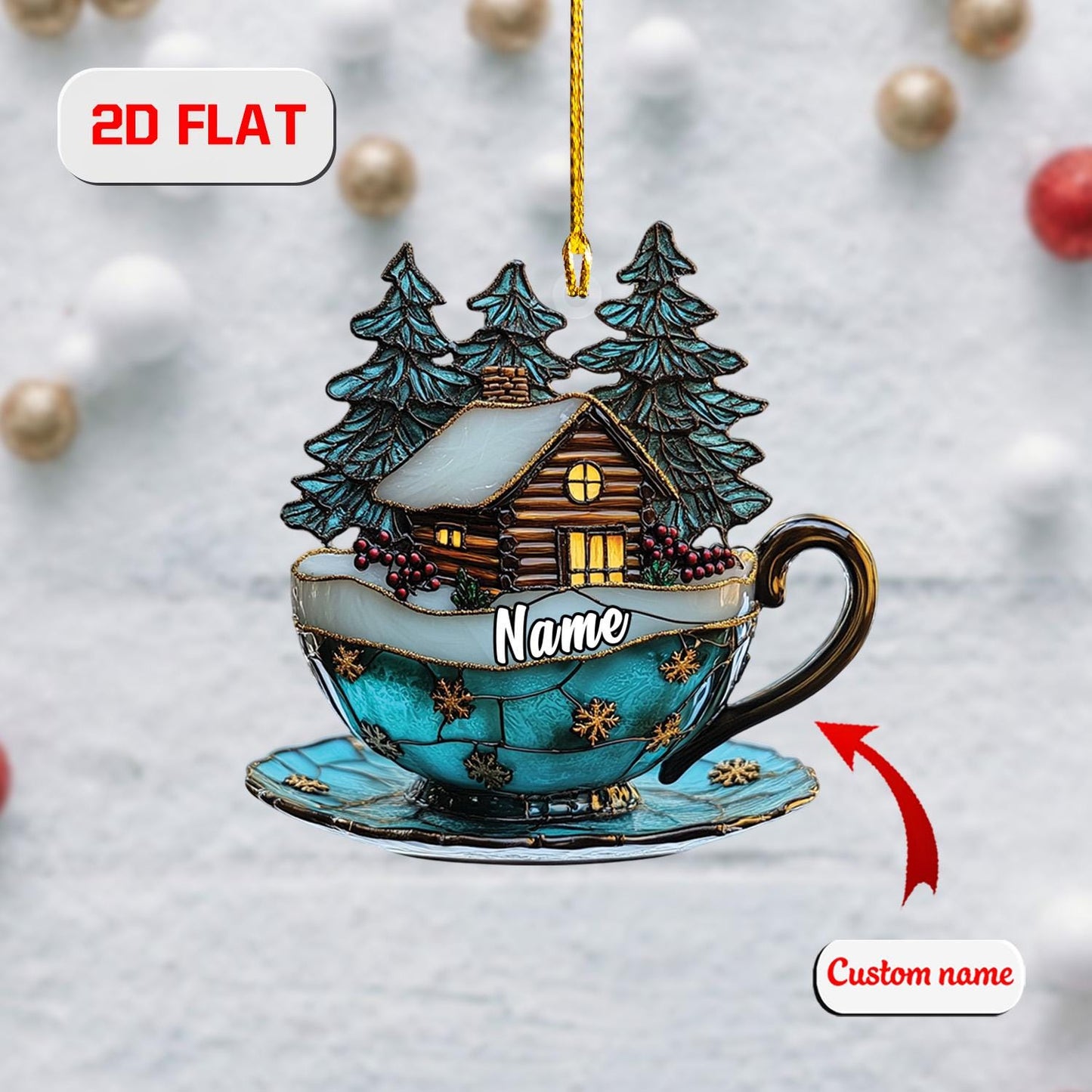 Cabin Cup Ornament, Personalized Christmas Tree Decoration, Custom Name Winter Holiday Gift, Cozy Cabin In The Woods Ornament For Family