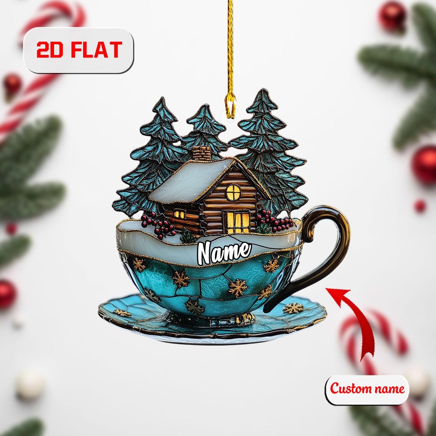 Cabin Cup Ornament, Personalized Christmas Tree Decoration, Custom Name Winter Holiday Gift, Cozy Cabin In The Woods Ornament For Family