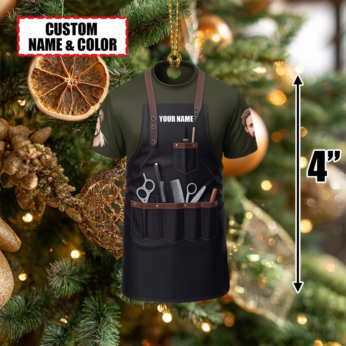 Custom Barber Christmas Ornament, Tree Hanging Decor, Flat 2D Acrylic Hairstylist Apron Keepsake, Personalized Gift for Barber Stylist