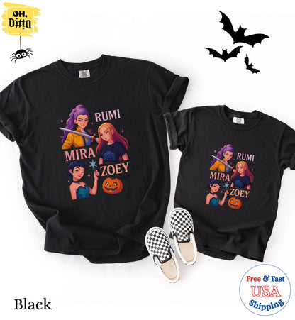 Huntrix Girls Halloween TShirt, Demon Hunters Shirt, Huntrix Girls T Shirt, Mira Rumi Zoey Shirt, Gift For Kpop Fan, Kpop Movie Shirt