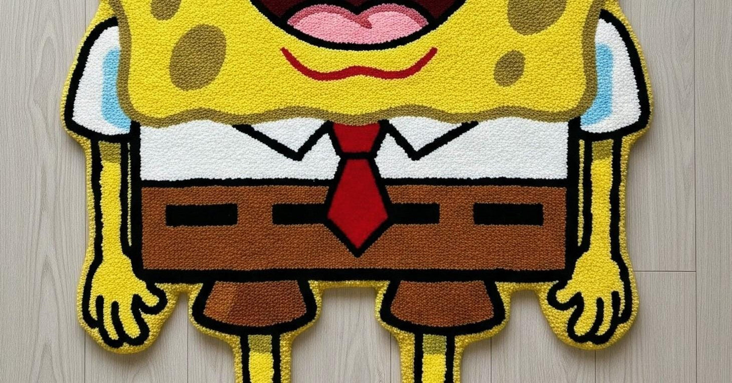 Handmade Wool SpongeBob Rug: Playroom Kids Carpet 5x8 Gift For Bob Lover