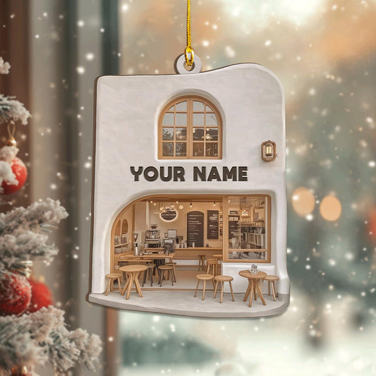 Personalized Coffee Shop Christmas Ornament, Cozy Coffee Lover Gift, Custom Name Miniature Cafe Decor, Unique Barista Holiday Present