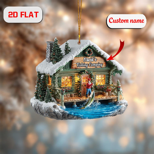 Personalized Fishing Cabin Christmas Ornament , Custom Name Camping Gift, Holiday Tree Decoration for Fisherman, Outdoor & Nature Lover