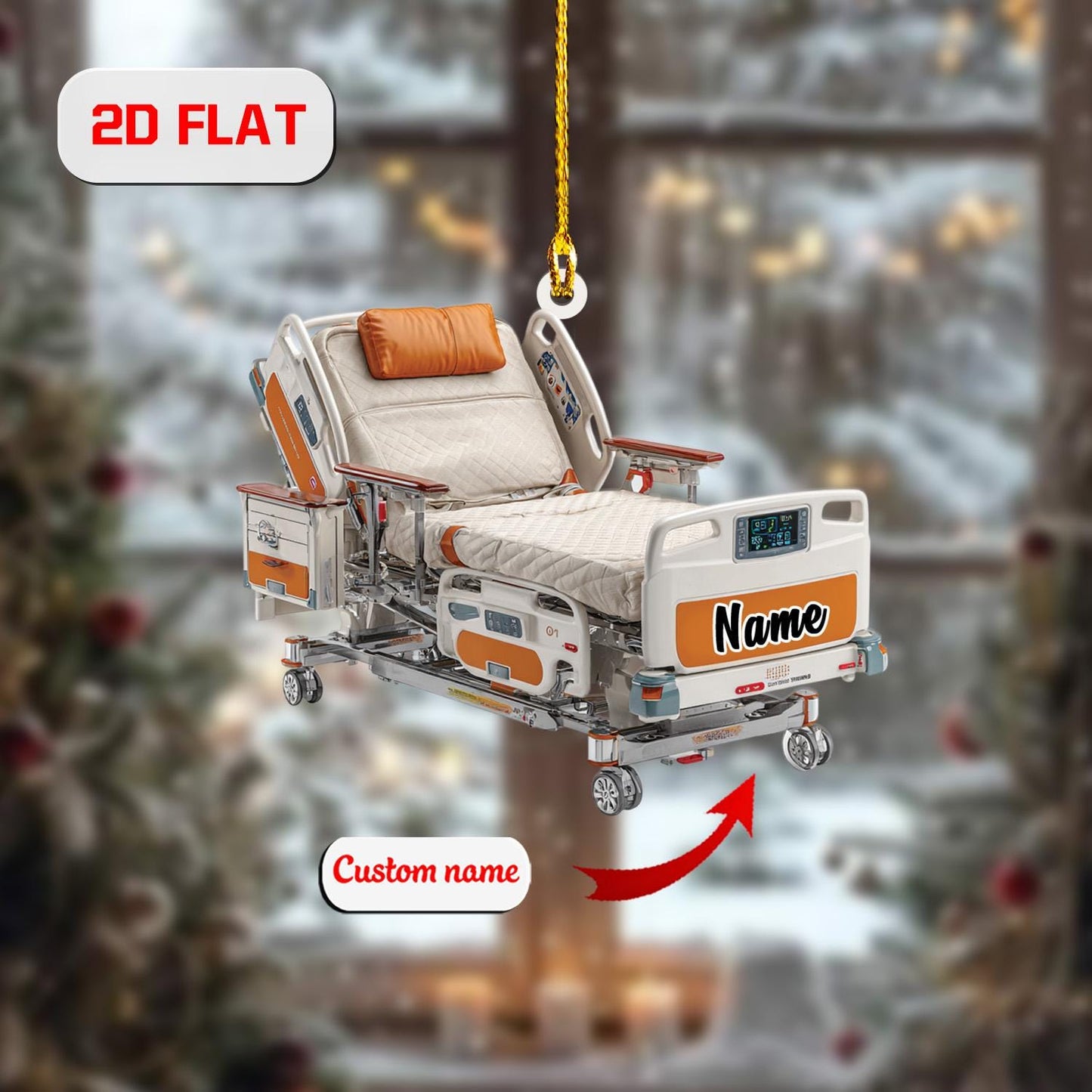 Personalized Hospital Bed Christmas Ornament Acrylic, Custom Name Nurse Doctor Gift, Holiday Tree Decoration for Healthcare Worker & Patient