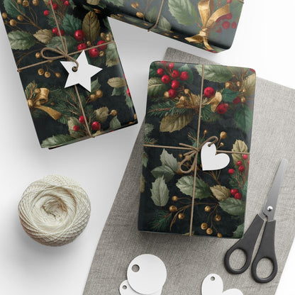 Christmas Holly Wrapping Paper - Traditional Holiday Gift Wrap, Modern Christmas Wrapping, Festive Present Wrapping, Unique Gift Giving