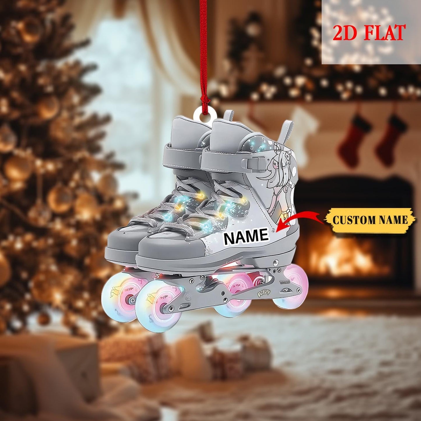 Personalized Roller Skate 2d Flat Xmas Hanging Ornament, Roller Derby Christmas Light Car Ornament, Love Roller Skate Christmas Ornament