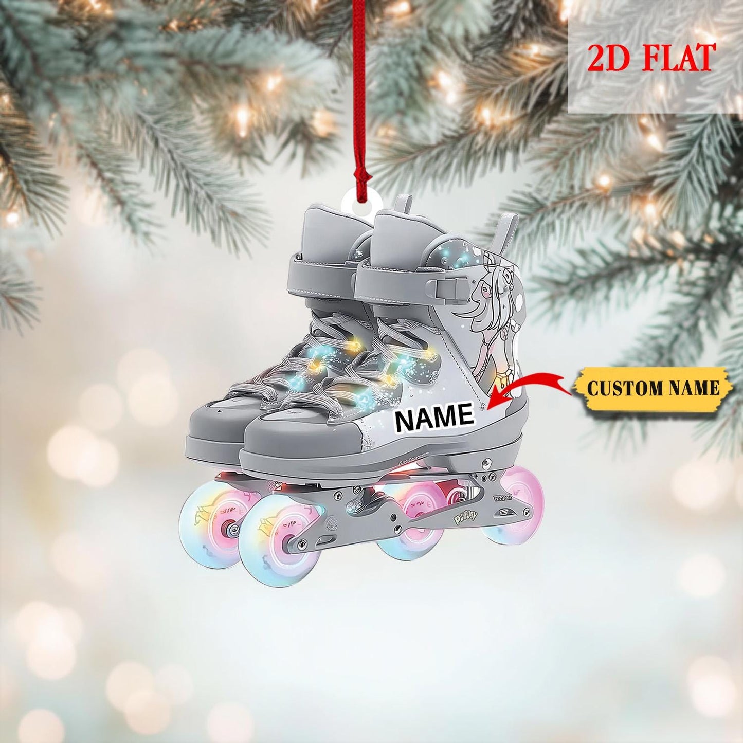 Personalized Roller Skate 2d Flat Xmas Hanging Ornament, Roller Derby Christmas Light Car Ornament, Love Roller Skate Christmas Ornament