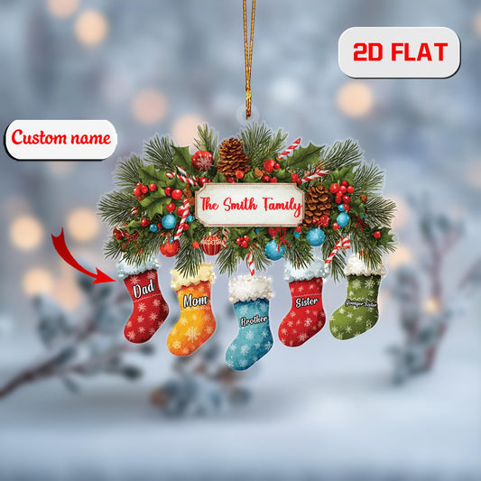 Custom Family Stocking Ornament, Personalized Christmas Decoration with Names, Unique Holiday Gift for Parents Kids Siblings