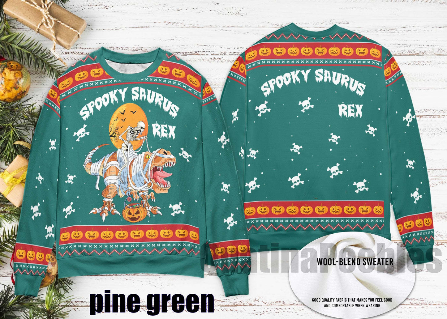 Spooky Saurus Rex Ugly Xmas Sweater – Funny Dinosaur HalloweenChristmas Sweater, T-Rex Mummy Skeleton Pumpkin Pullover, Ugly Xmas Sweater