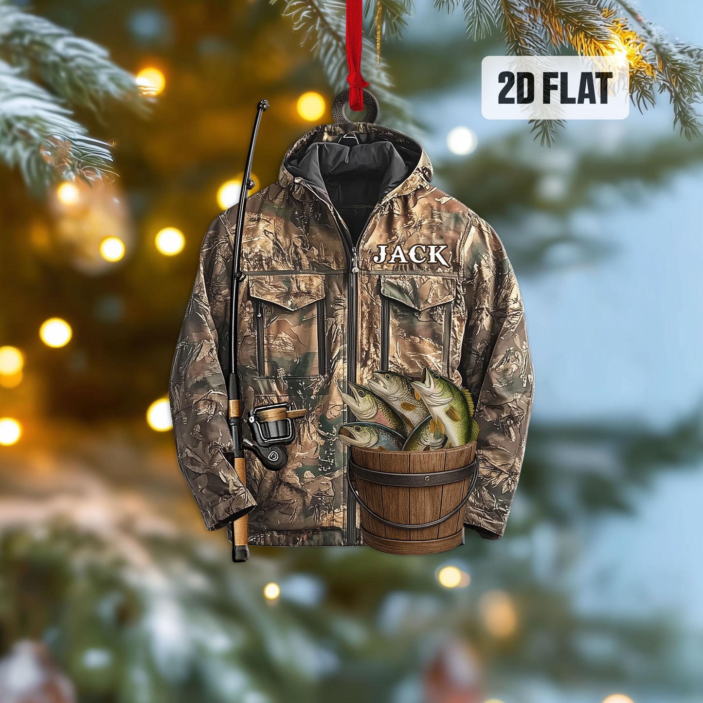 Personalized Fishing 2D Flat Ornament, Custom Bass Fish Christmas Tree Ornament, Fishing Vest Christmas, Gift for, Dad, Husband, Fisherman