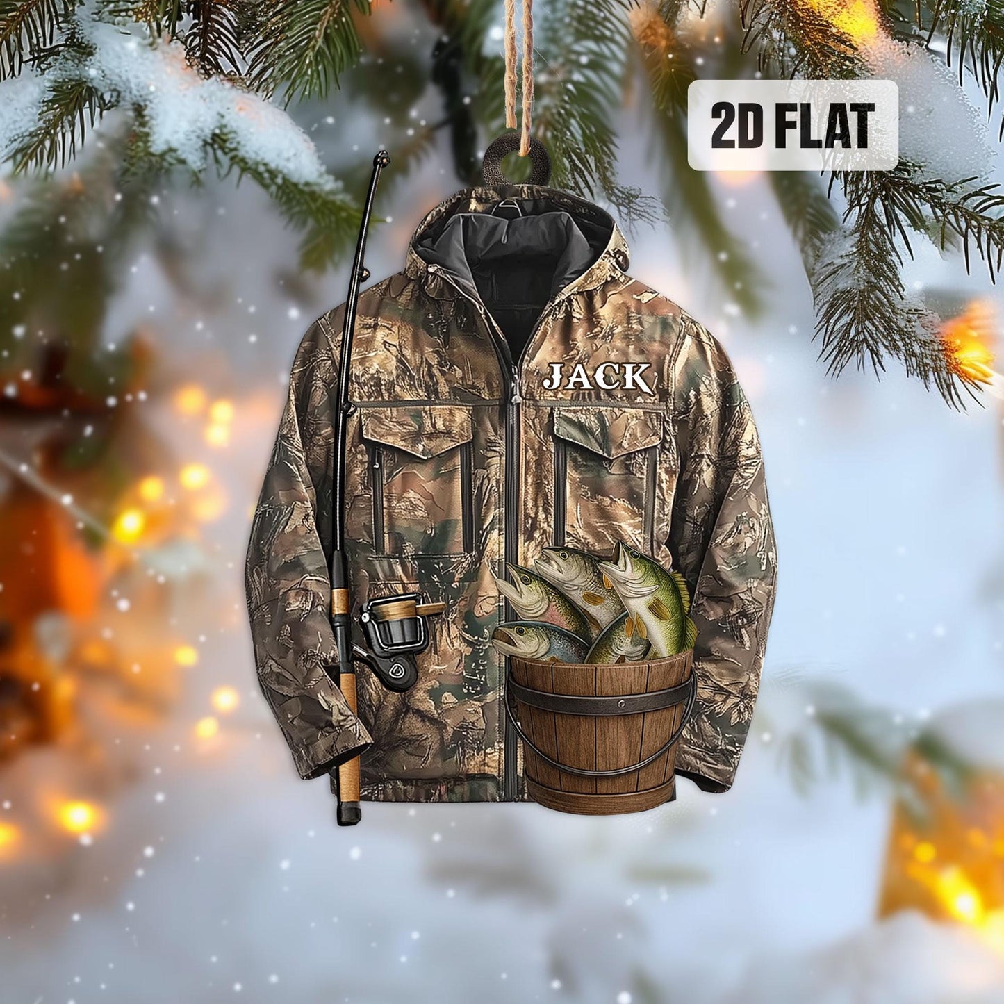 Personalized Fishing 2D Flat Ornament, Custom Bass Fish Christmas Tree Ornament, Fishing Vest Christmas, Gift for, Dad, Husband, Fisherman