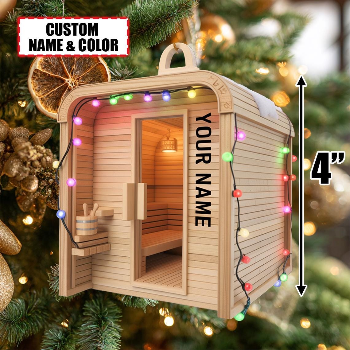 Personalized Sauna Ornament – Custom Name Wooden Spa Room Christmas Tree Decoration Unique Relaxation Gift for Sauna Lovers, Spa Enthusiasts