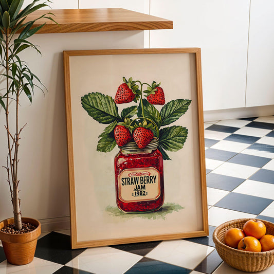 Vintage Wall Art Poster Print Rustic Kitchen Print Farmhouse Country Decor Botanical Food Illustration Rustic Strawberry Jam Jar Artwork