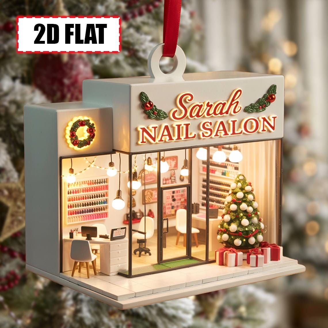 Custom Nail Salon Christmas Ornament – Flat 2D Acrylic Tree Decoration, Personalized Salon Gift, Beauty Shop Holiday Decor Keepsake