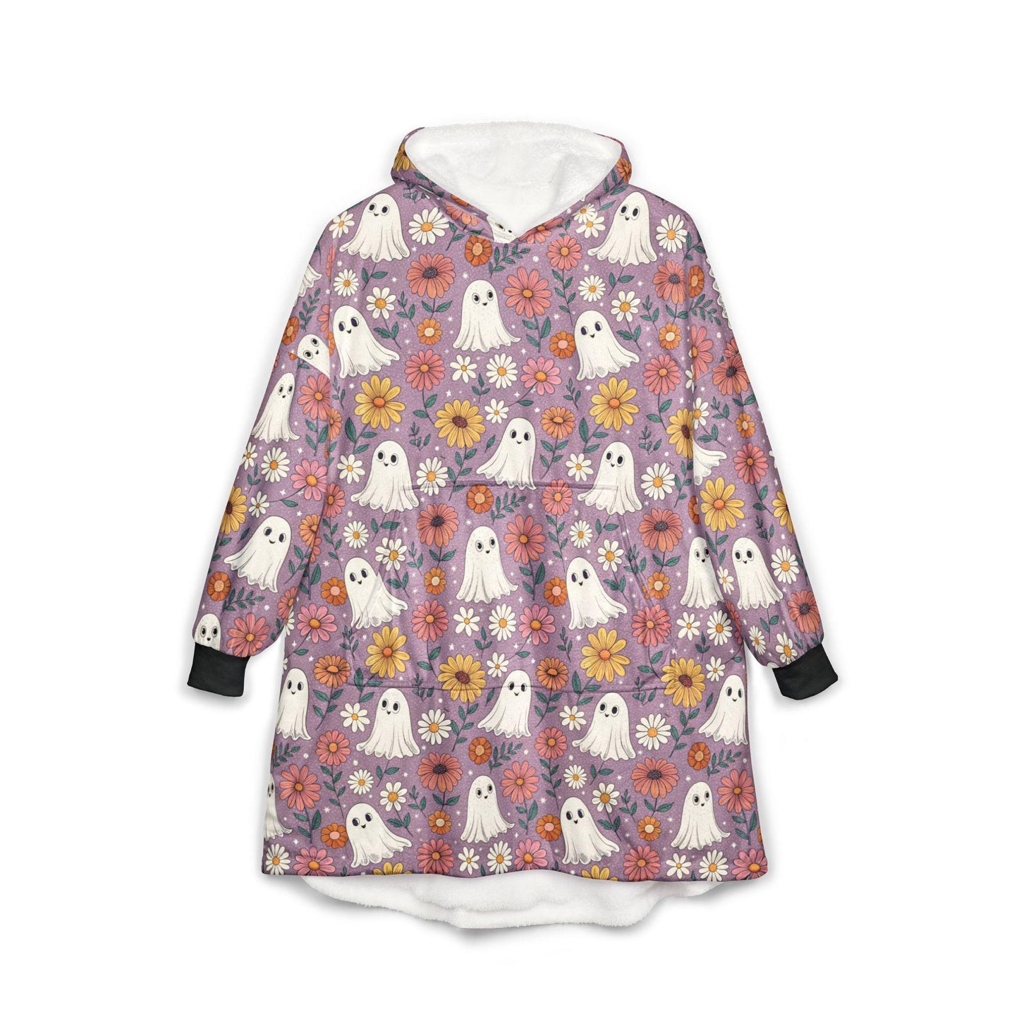 Floral Ghost Hooded Blanket: Cozy Unisex Polyester Fleece