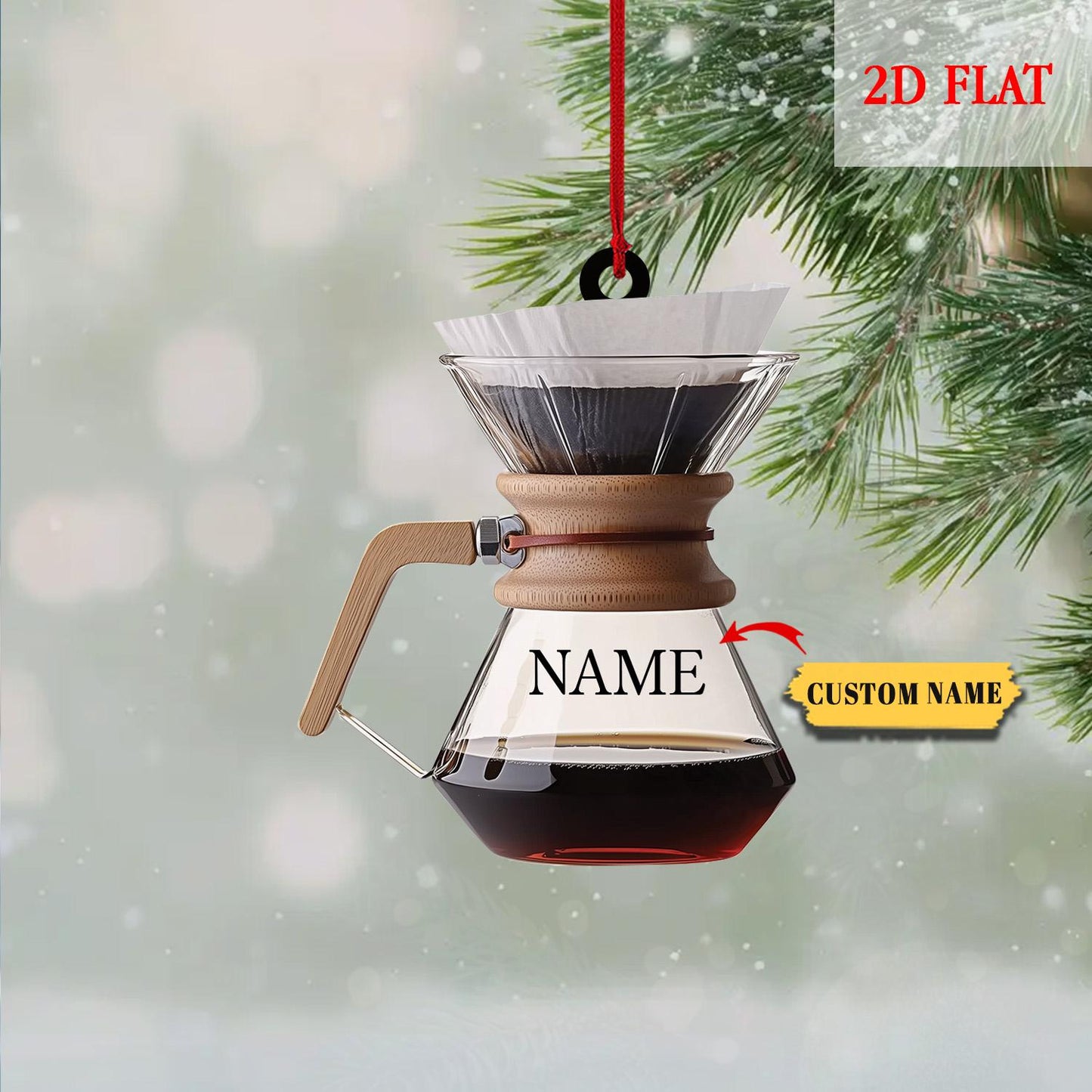 Personalized Coffee Pot Holiday Acrylic Ornament, Faux Glass Pour Over Brewer Acrylic Ornament, Coffee Lover Barista Christmas Decor Gift