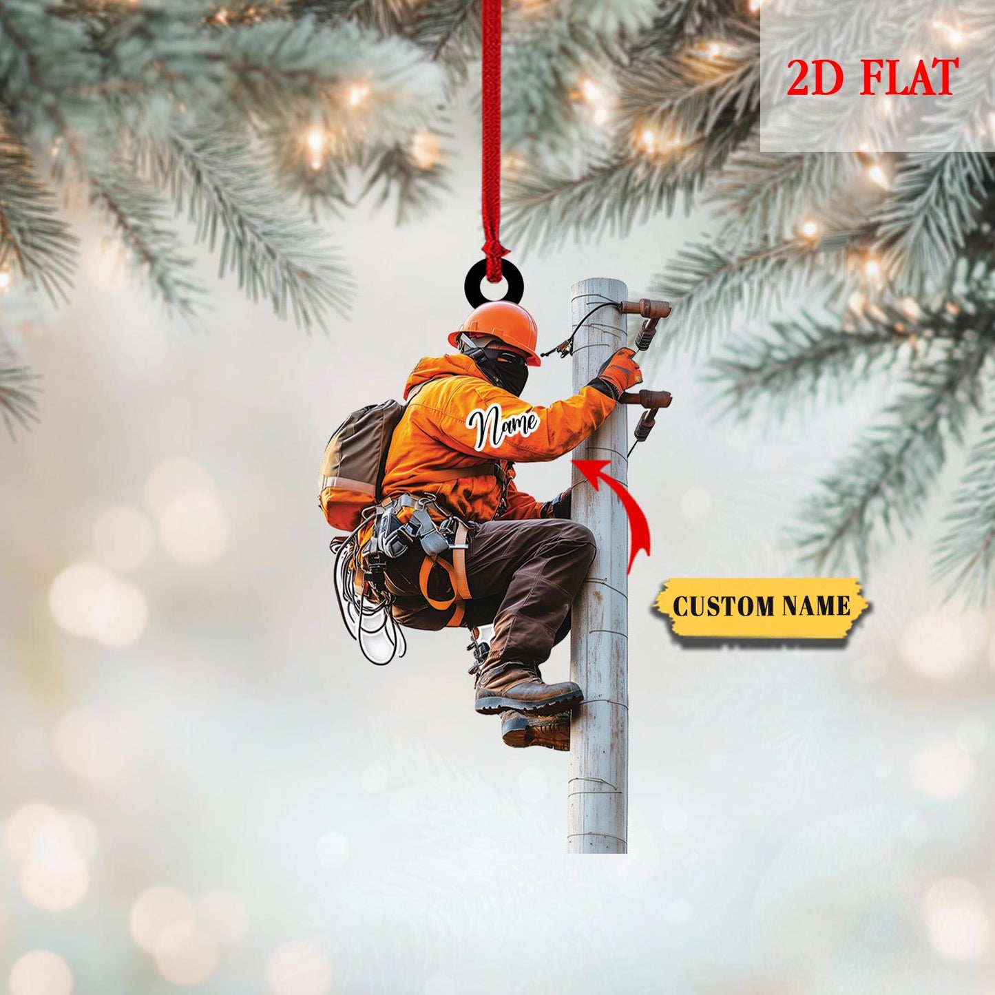 Personalized Lineman 2D Flat Acrylic Ornament, Electrician Christmas Decor, Utility Worker Holiday Ornament, Tradesman Xmas Keepsake Gift