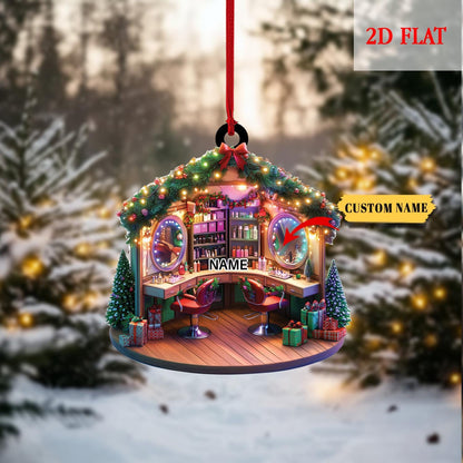 Cute Custom Hair Salon Christmas Ornaments, Hair Salon 2D Flat Acrylic Ornament, Christmas Gifts for Hairdresser, Hairstylist lover Gift