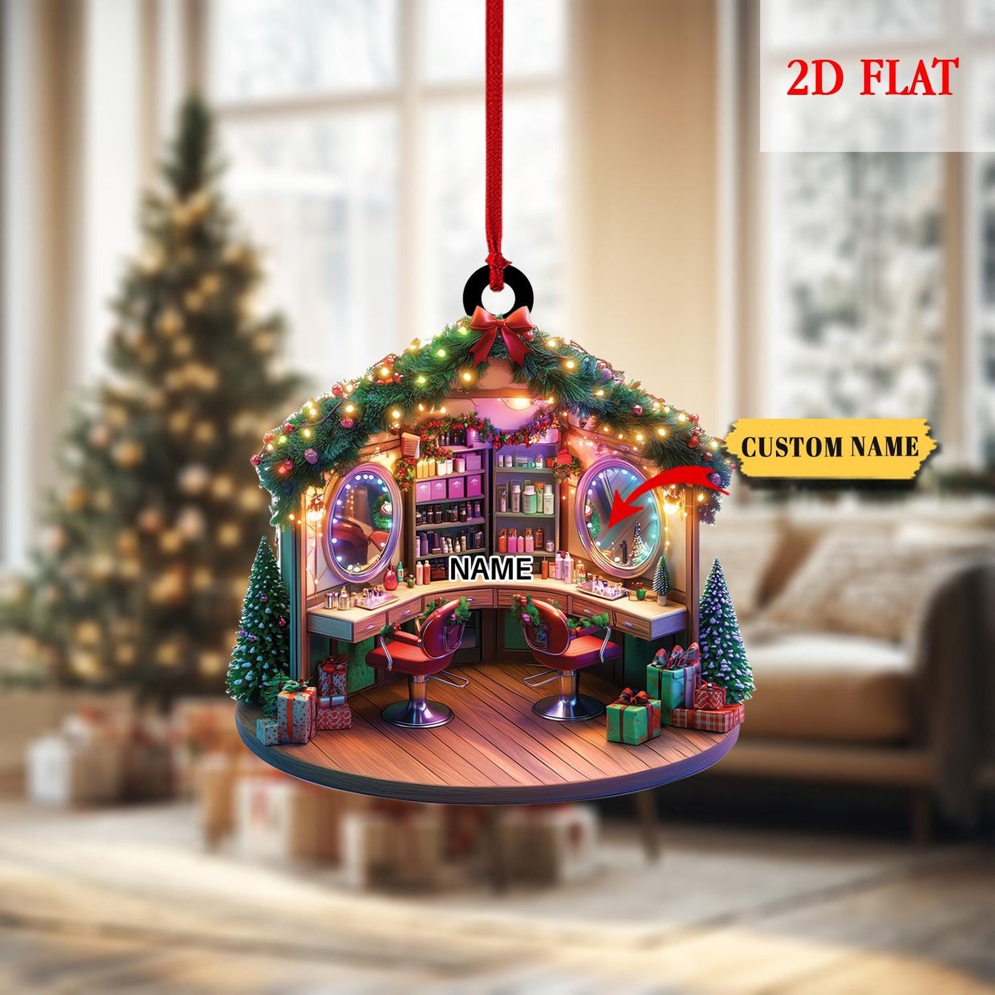 Cute Custom Hair Salon Christmas Ornaments, Hair Salon 2D Flat Acrylic Ornament, Christmas Gifts for Hairdresser, Hairstylist lover Gift