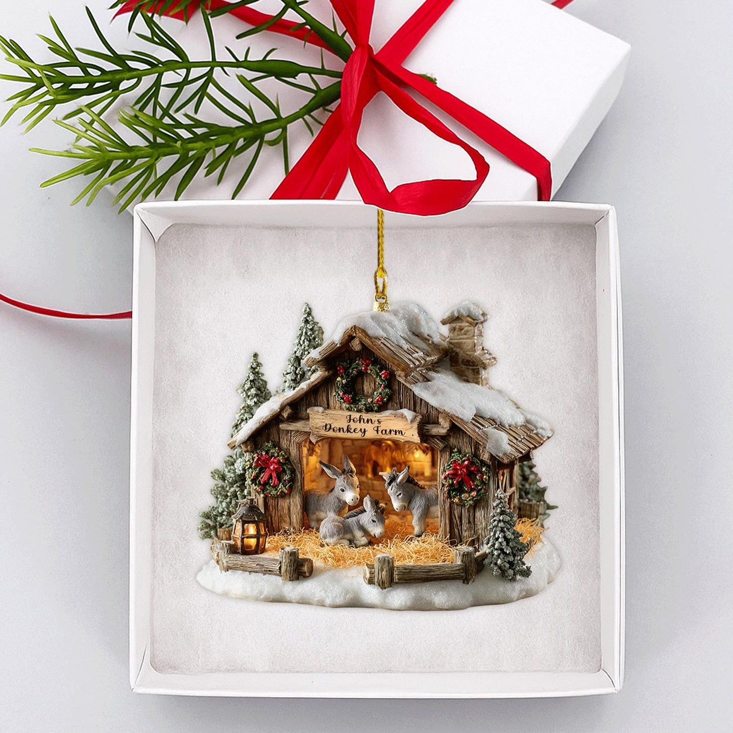 Personalized Donkey Farm Christmas Ornament | Rustic Barn Holiday Decor | Country Stable Gift for Donkey Lovers, 2D Flat ornament