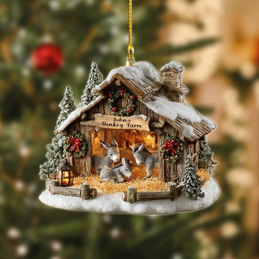 Personalized Donkey Farm Christmas Ornament | Rustic Barn Holiday Decor | Country Stable Gift for Donkey Lovers, 2D Flat ornament