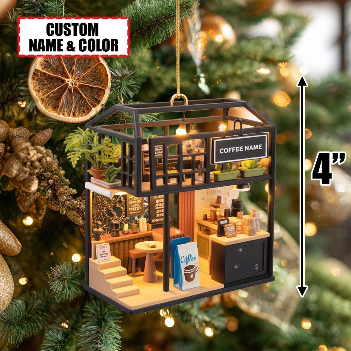 Personalized Coffee Shop Christmas Ornament Tree Hanging Decor Flat 2D Acrylic Custom Café Gift for Coffee Lovers, Baristas, Café Owners