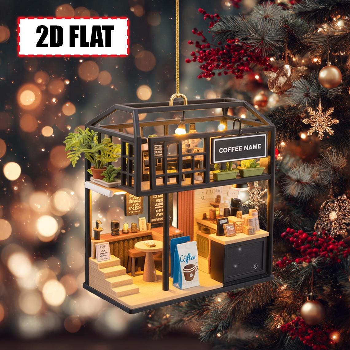 Personalized Coffee Shop Christmas Ornament Tree Hanging Decor Flat 2D Acrylic Custom Café Gift for Coffee Lovers, Baristas, Café Owners