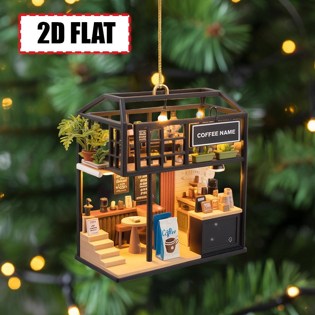 Personalized Coffee Shop Christmas Ornament Tree Hanging Decor Flat 2D Acrylic Custom Café Gift for Coffee Lovers, Baristas, Café Owners