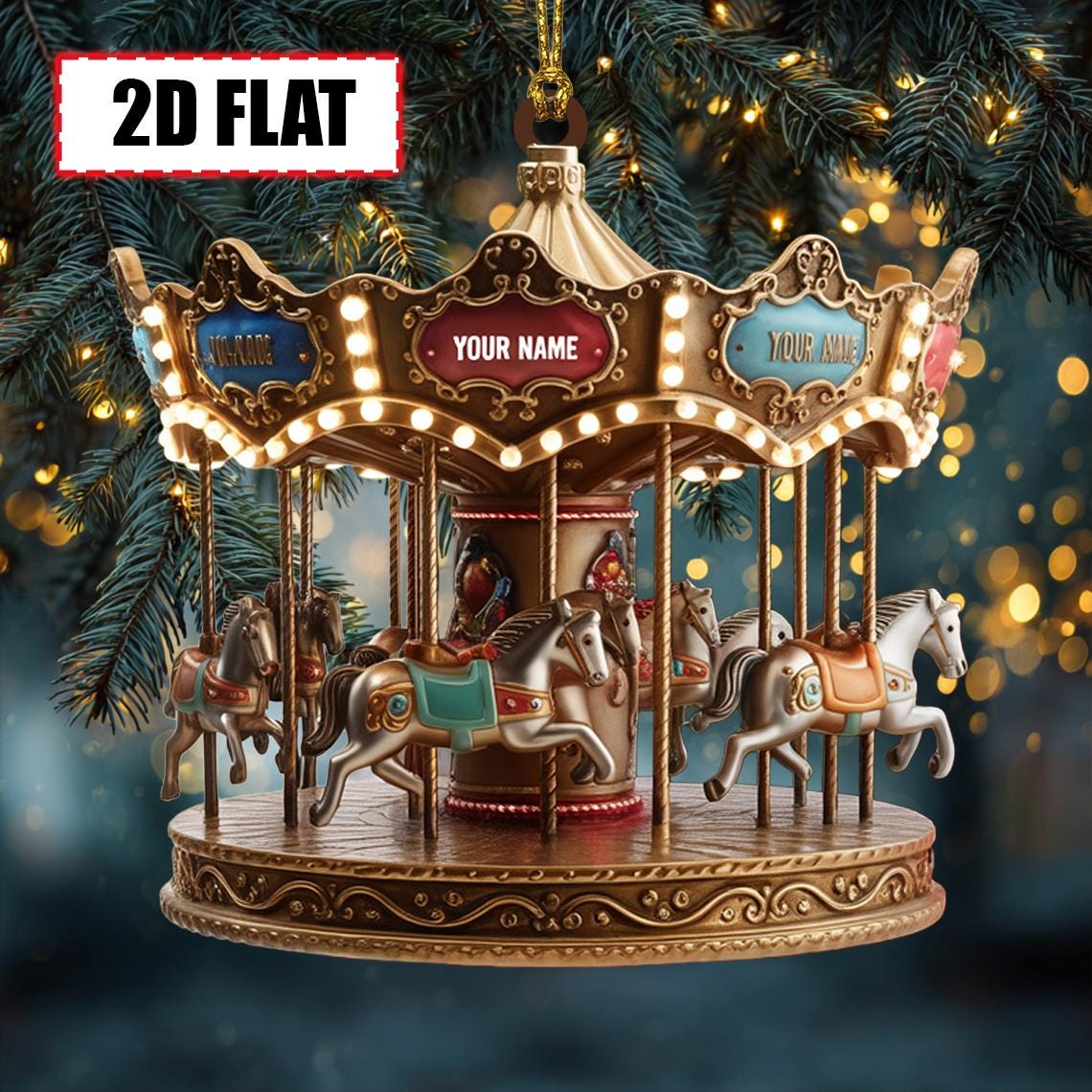 Personalized Carousel Christmas Ornament Tree Hanging Decor Flat 2D Acrylic Custom Merry-Go-Round Gift for Kids, Families, Amusement Park