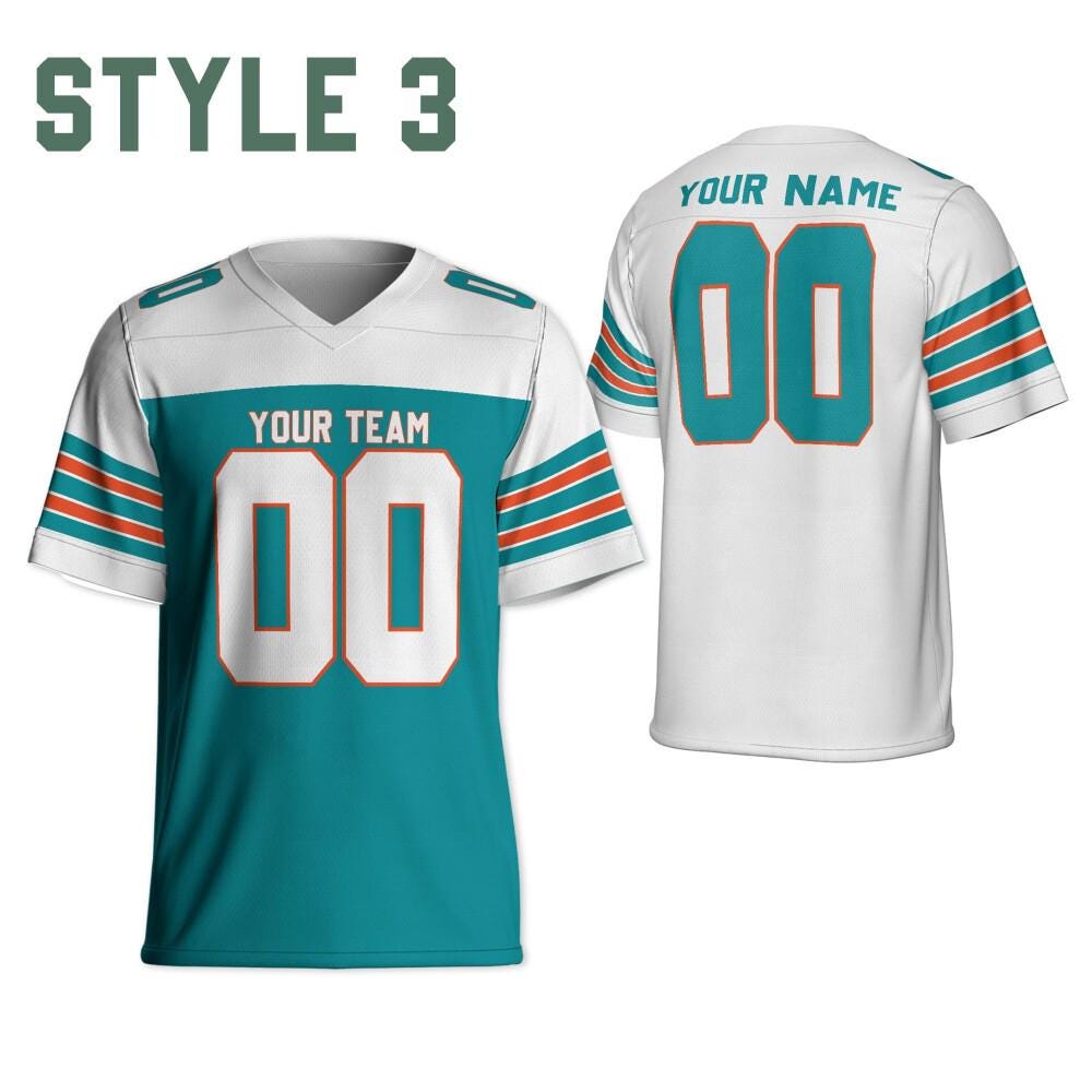 Personalized Team Dolphins Football Jersey Teal and white jersey ,Game Day Free Style Shirt, V-neck Mesh Jersey For Men Mesh Polyester