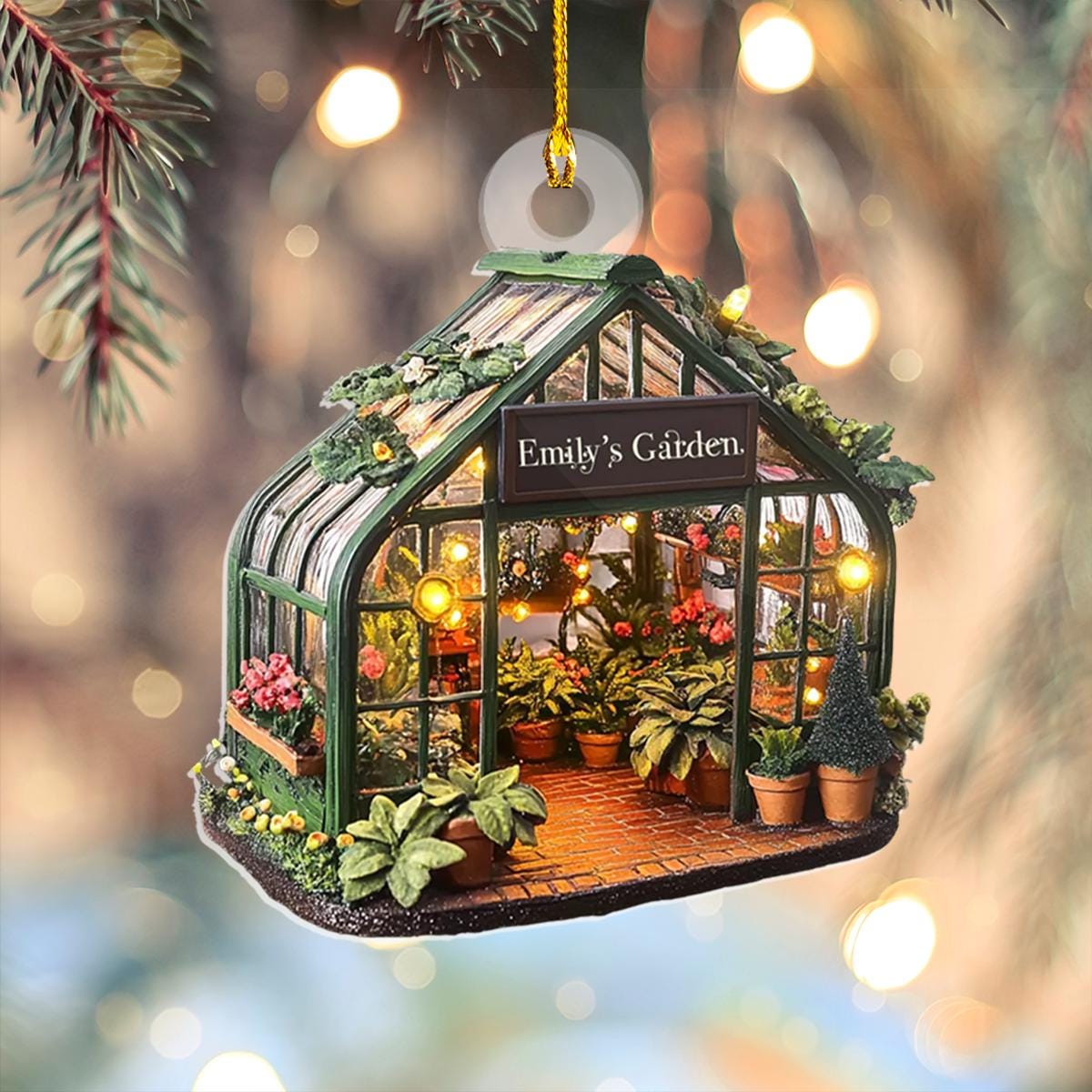 Personalized Name Garden House Ornament, 2D FLAT, Custom Name Greenhouse Acrylic Ornament, Plant Ornament Christmas, Gift For Plant Lovers