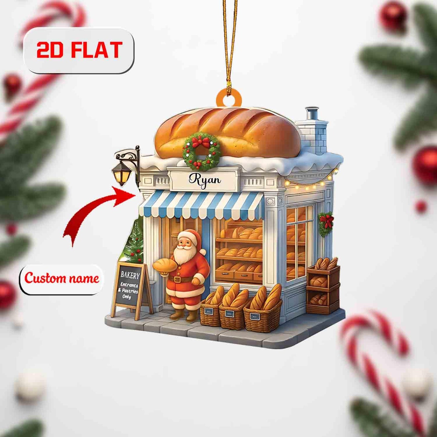 Custom 2D Flat Bakery Ornament, Personalized Acrylic Christmas Ornament with Shop Name, Baker Holiday Decoration, Unique Xmas Tree Gift