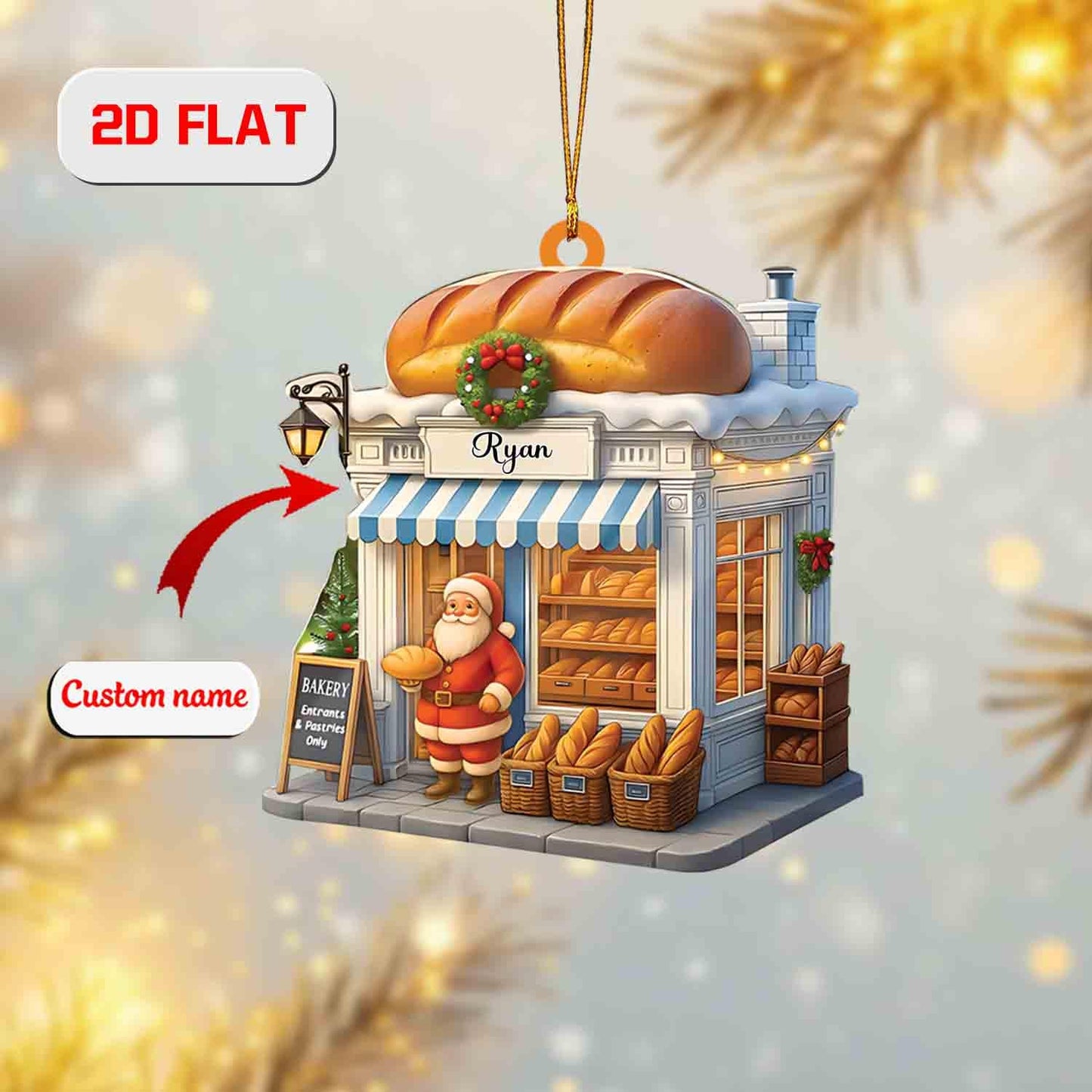 Custom 2D Flat Bakery Ornament, Personalized Acrylic Christmas Ornament with Shop Name, Baker Holiday Decoration, Unique Xmas Tree Gift