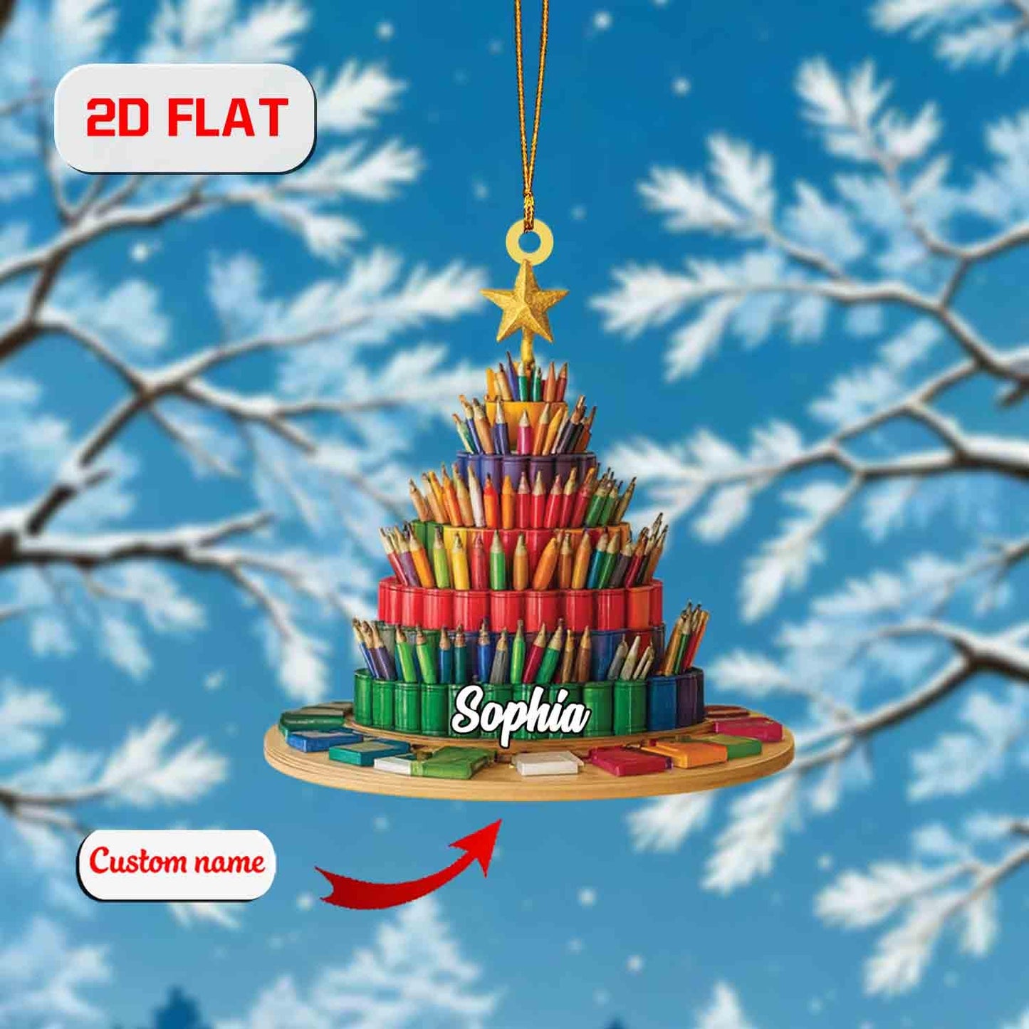 Custom 2D Flat Pencil Tree Ornament, Personalized Acrylic Christmas Ornament with Name, Teacher Gift, Art Lover Holiday Decor, Xmas Gift