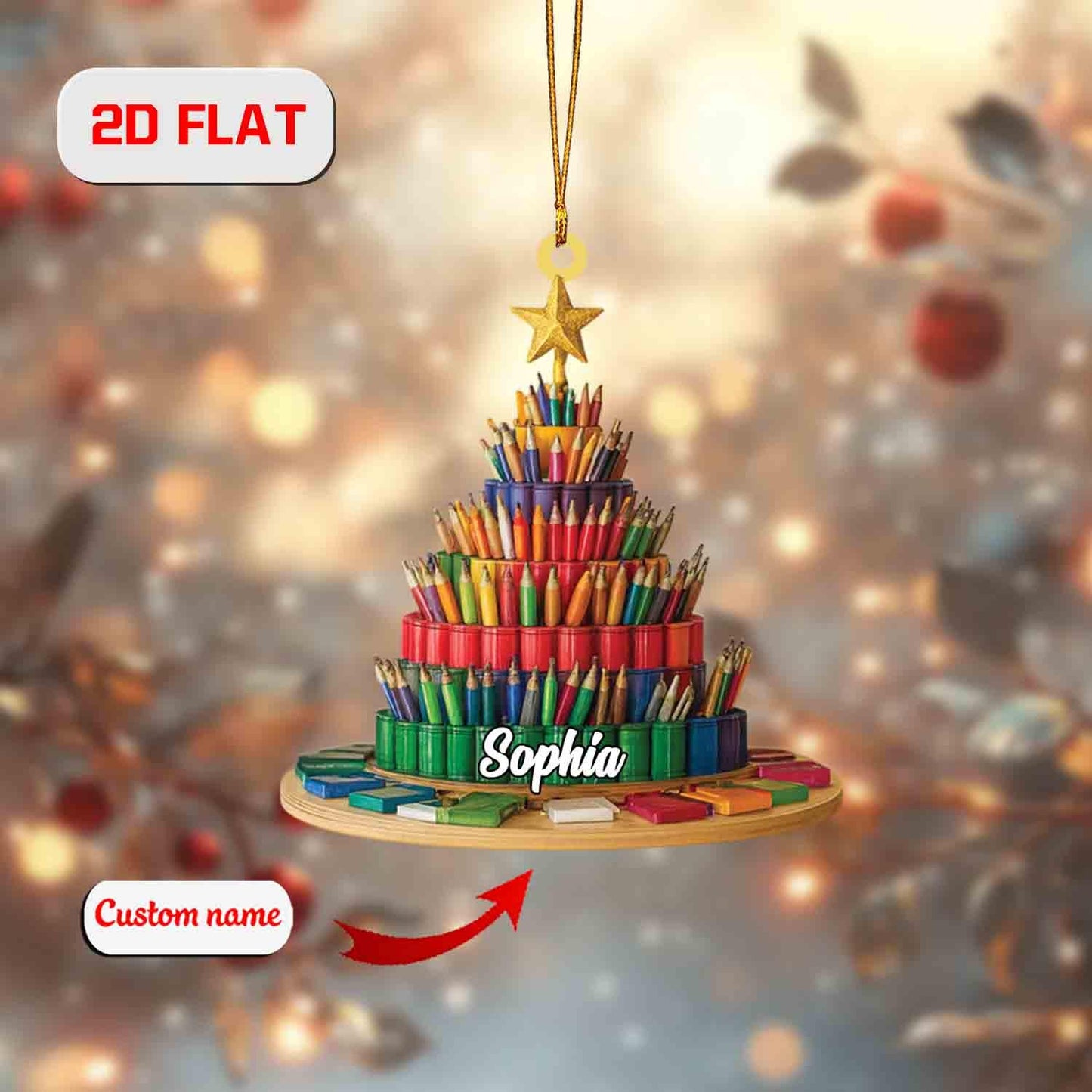 Custom 2D Flat Pencil Tree Ornament, Personalized Acrylic Christmas Ornament with Name, Teacher Gift, Art Lover Holiday Decor, Xmas Gift